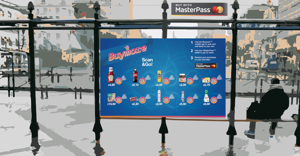 The poster we created, showing grocery items with QR codes, placed on top of an illustration of a bus stop.