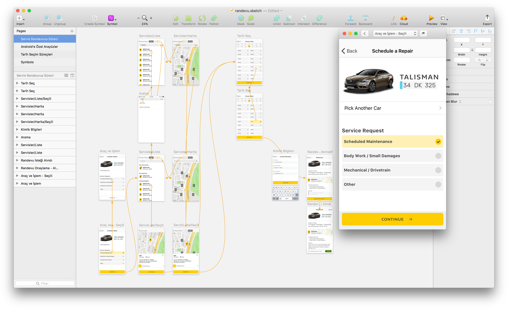 Prototype of a certain function of the app, with links connecting screens in Sketch.app.